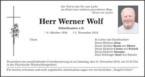 Traueranzeige Werner Wolf