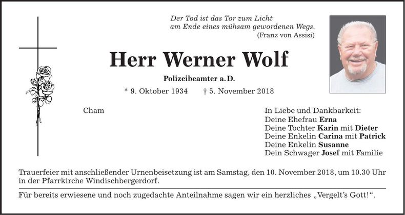 Traueranzeige Werner Wolf