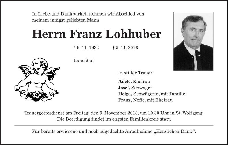 Traueranzeige Franz Lohhuber
