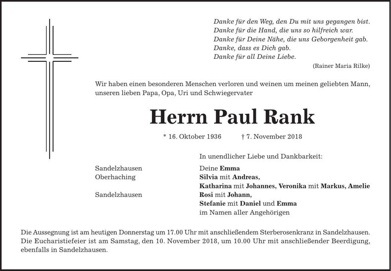 Traueranzeige Paul Rank