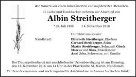 Traueranzeige Albin Streitberger
