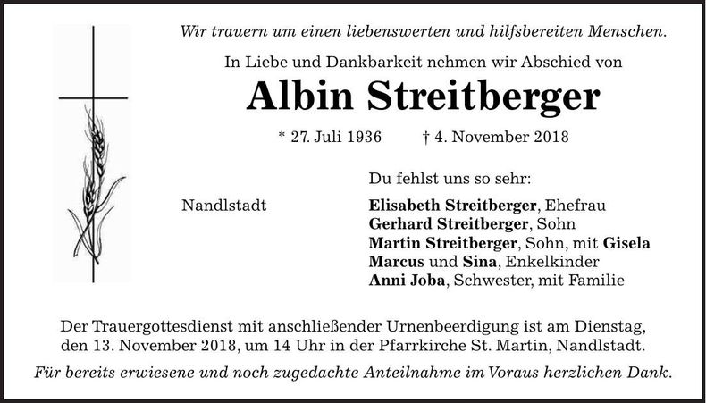 Traueranzeige Albin Streitberger