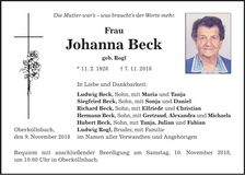 Traueranzeige Johanna Beck
