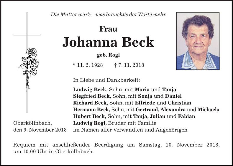 Traueranzeige Johanna Beck