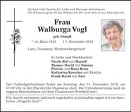 Traueranzeige Walburga Vogl