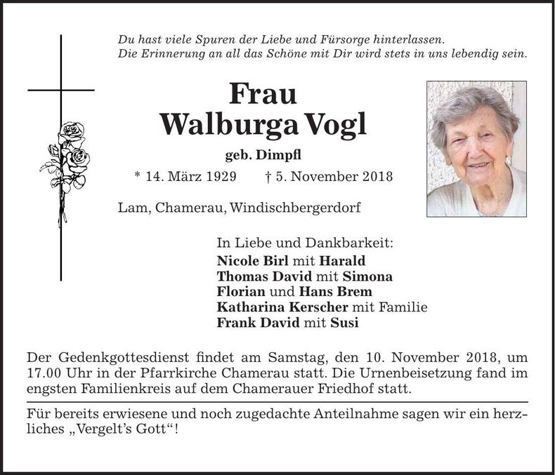Traueranzeige Walburga Vogl