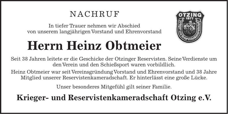 Traueranzeige Heinz Obtmeier