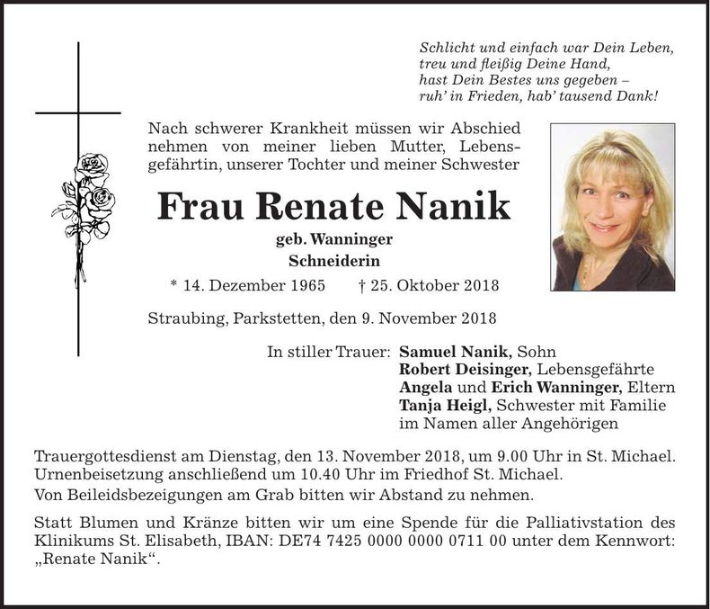 Traueranzeige Renate Nanik