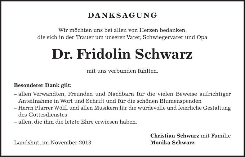Traueranzeige Fridolin Schwarz