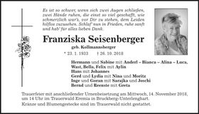 Traueranzeige Franziska Seisenberger