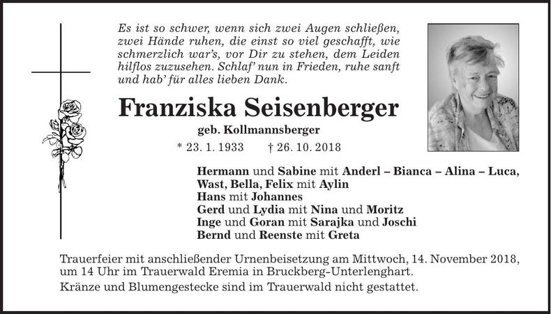 Traueranzeige Franziska Seisenberger
