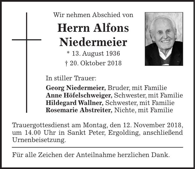 Traueranzeige Alfons Niedermeier