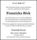 Traueranzeige Franziska Bick