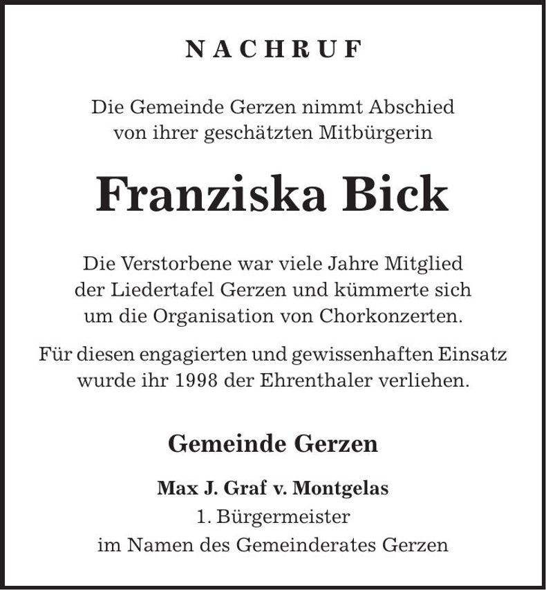 Traueranzeige Franziska Bick