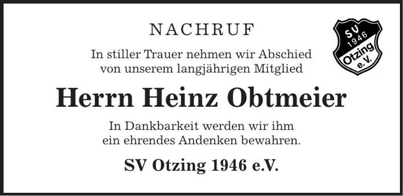 Traueranzeige Heinz Obtmeier