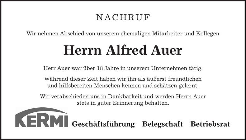 Traueranzeige Alfred Auer