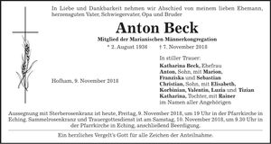 Traueranzeige Anton Beck