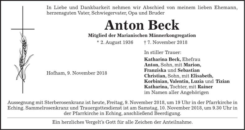 Traueranzeige Anton Beck