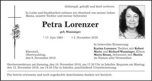 Traueranzeige Petra Lorenzer