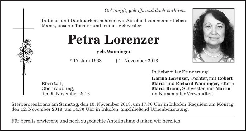 Traueranzeige Petra Lorenzer