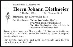 Traueranzeige Johann Dietlmeier