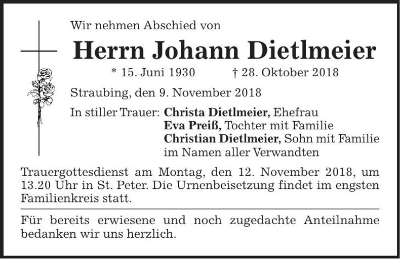 Traueranzeige Johann Dietlmeier