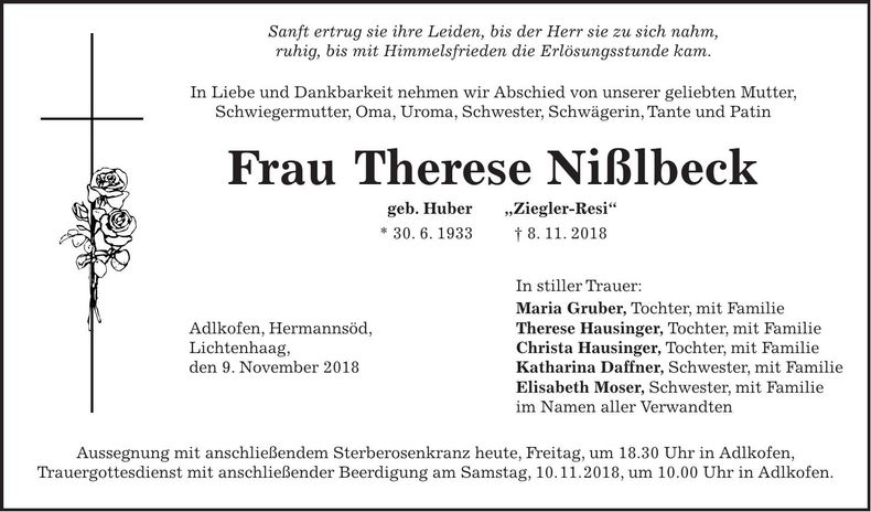 Traueranzeige Therese Nißlbeck