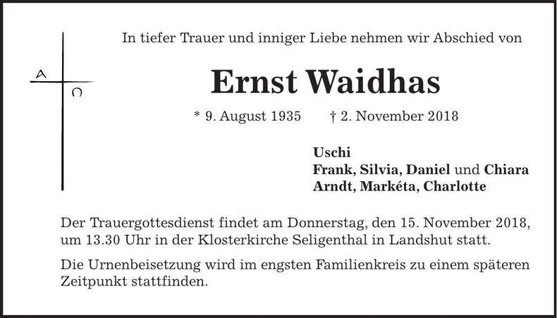 Traueranzeige Ernst Waidhas