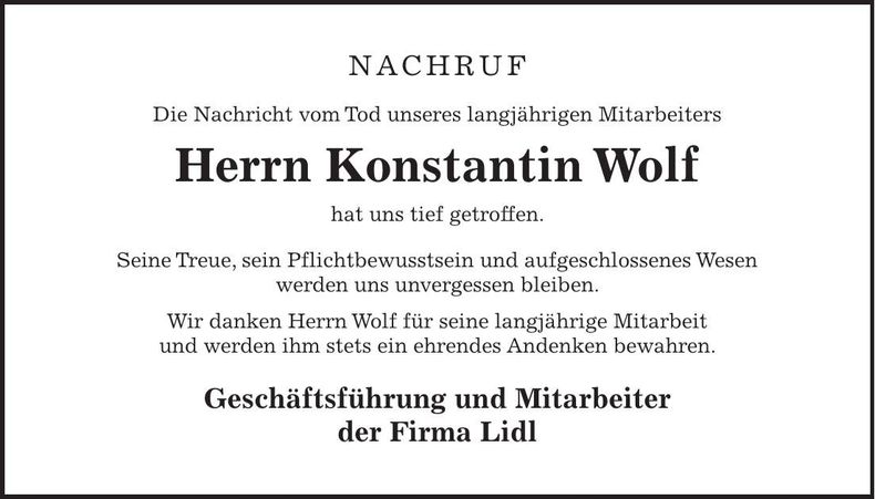 Traueranzeige Konstantin Wolf