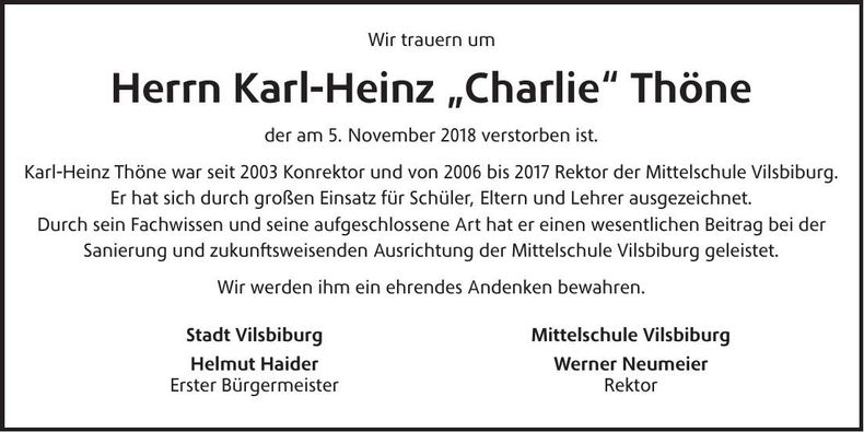 Traueranzeige Karl-Heinz "Charlie" Thöne
