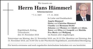 Traueranzeige Hans Hämmerl