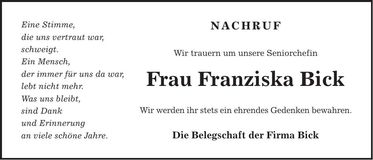 Traueranzeige Franziska Bick