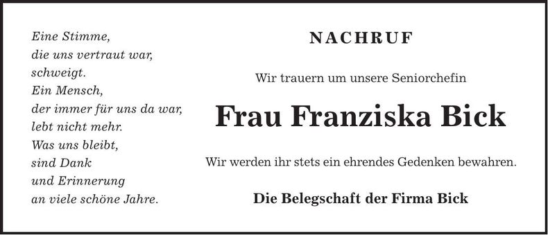 Traueranzeige Franziska Bick