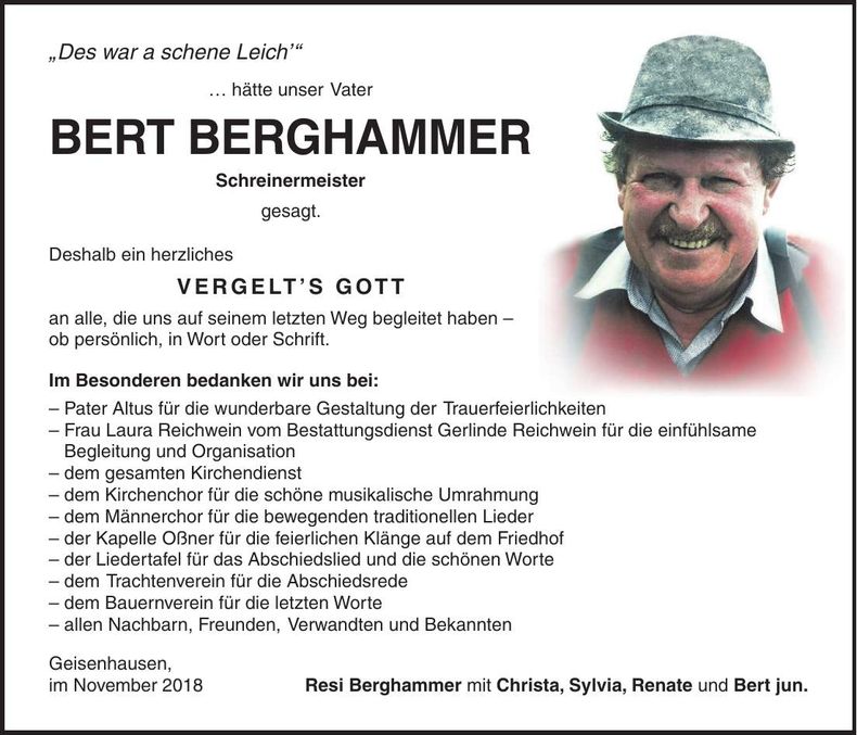 Traueranzeige Bert Berghammer