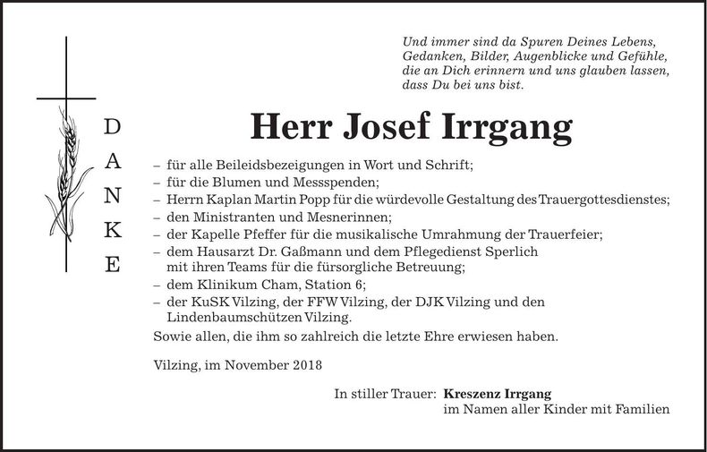 Traueranzeige Josef Irrgang