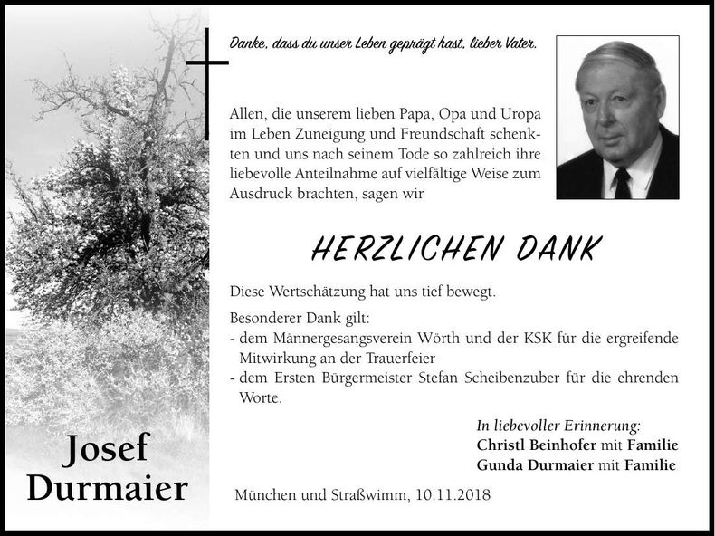 Traueranzeige Josef Durmaier