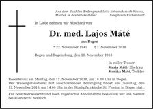 Traueranzeige Lajos Mate