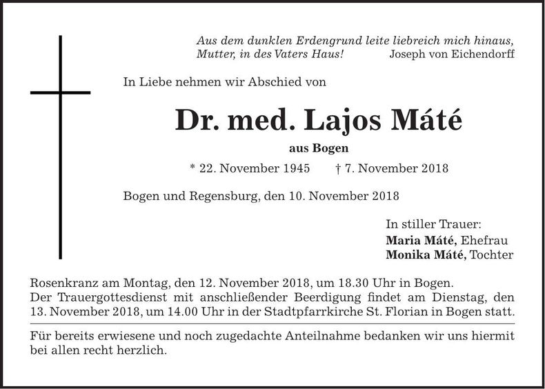 Traueranzeige Lajos Mate