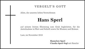 Traueranzeige Hans Sperl