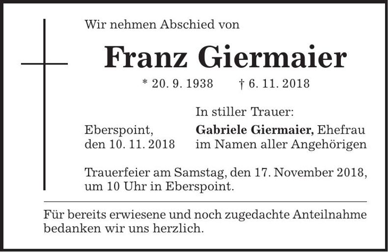 Traueranzeige Franz Giermaier