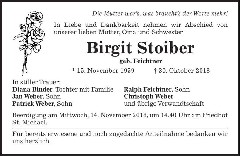 Traueranzeige Birgit Stoiber