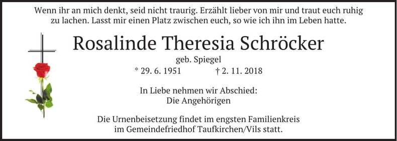 Traueranzeige Rosalinde Theresia Schröcker