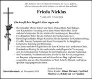 Traueranzeige Frieda Nicklas
