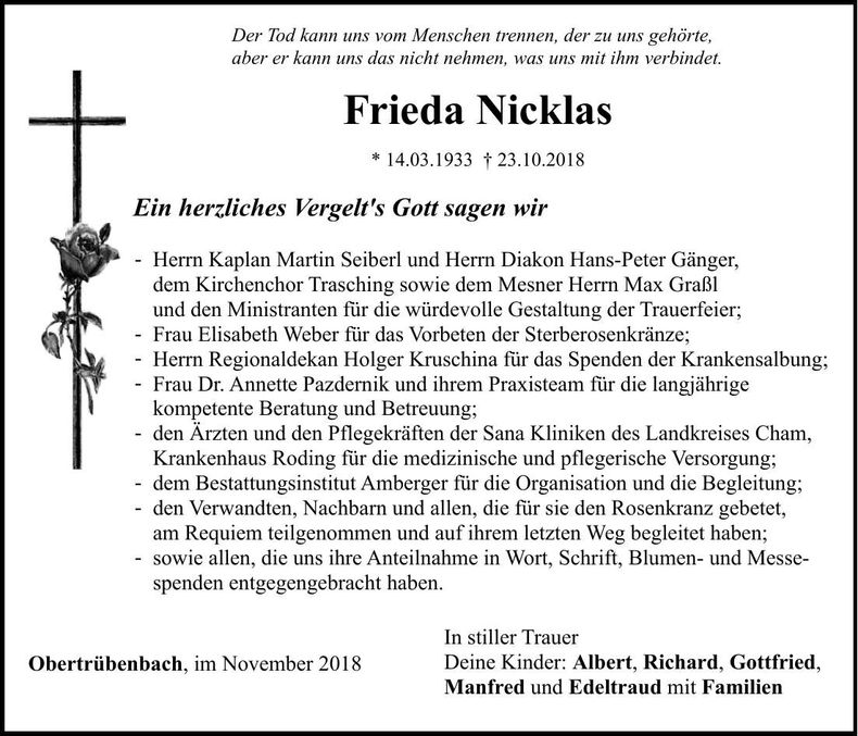 Traueranzeige Frieda Nicklas