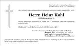 Traueranzeige Heinz Kohl