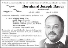Traueranzeige Bernhard Joseph Bauer