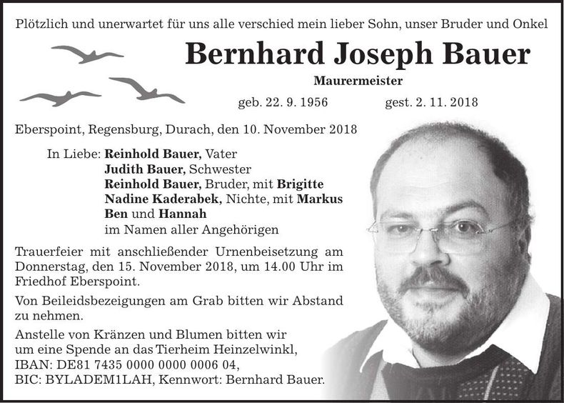 Traueranzeige Bernhard Joseph Bauer