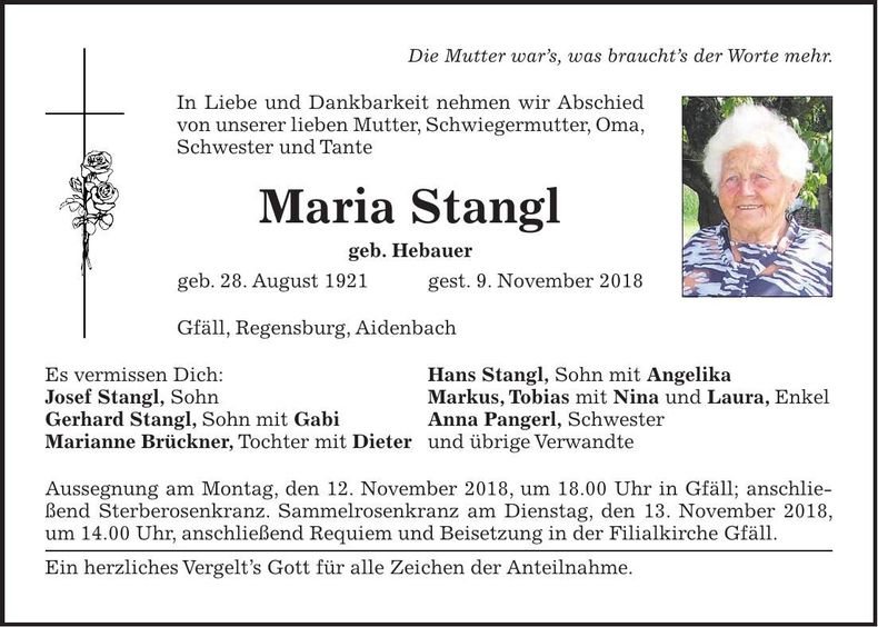 Traueranzeige Maria Stangl