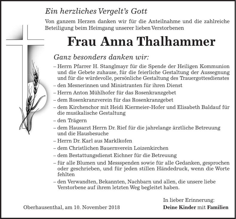 Traueranzeige Anna Thalhammer