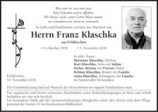 Traueranzeige Franz Klaschka